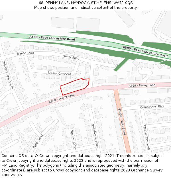 68, PENNY LANE, HAYDOCK, ST HELENS, WA11 0QS: Location map and indicative extent of plot