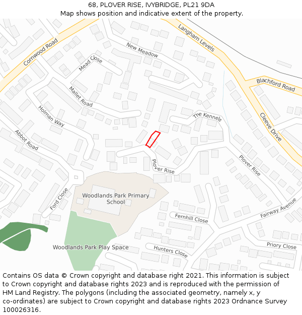68, PLOVER RISE, IVYBRIDGE, PL21 9DA: Location map and indicative extent of plot