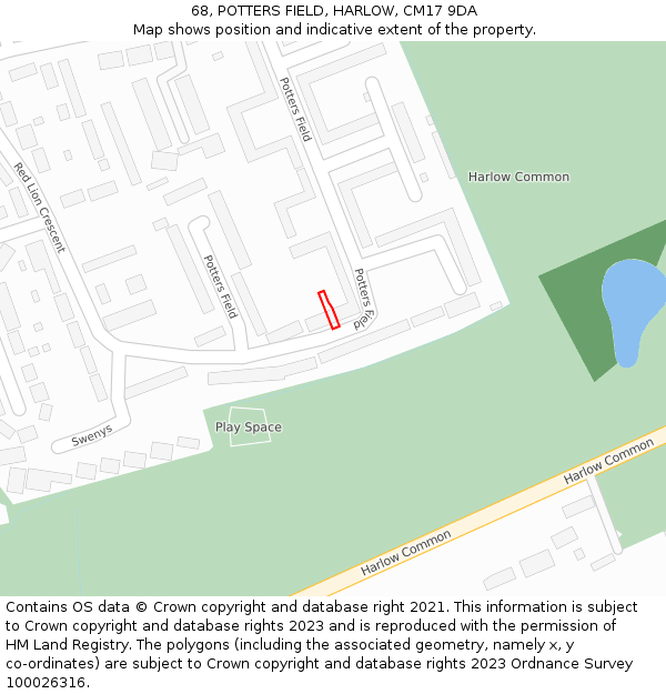68, POTTERS FIELD, HARLOW, CM17 9DA: Location map and indicative extent of plot