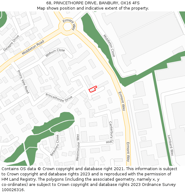 68, PRINCETHORPE DRIVE, BANBURY, OX16 4FS: Location map and indicative extent of plot