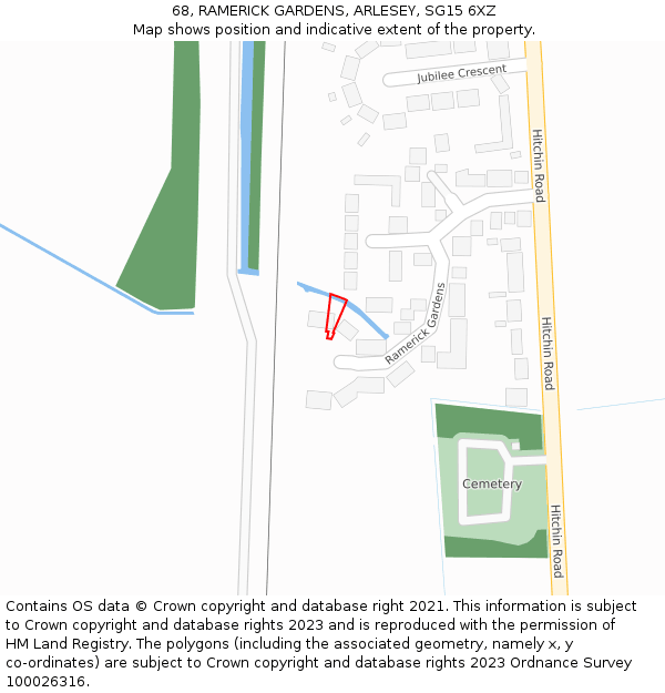 68, RAMERICK GARDENS, ARLESEY, SG15 6XZ: Location map and indicative extent of plot