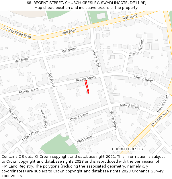 68, REGENT STREET, CHURCH GRESLEY, SWADLINCOTE, DE11 9PJ: Location map and indicative extent of plot