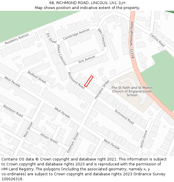 68, RICHMOND ROAD, LINCOLN, LN1 1LH: Location map and indicative extent of plot