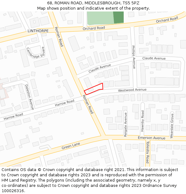 68, ROMAN ROAD, MIDDLESBROUGH, TS5 5PZ: Location map and indicative extent of plot