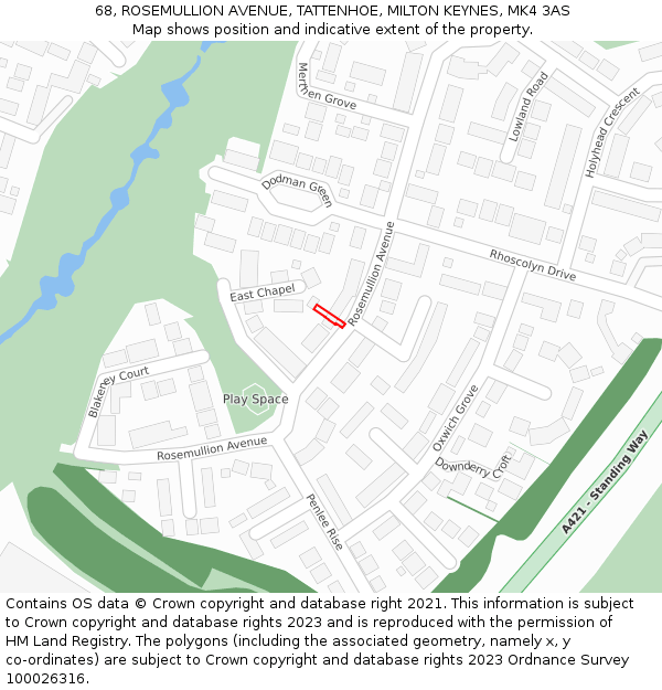 68, ROSEMULLION AVENUE, TATTENHOE, MILTON KEYNES, MK4 3AS: Location map and indicative extent of plot