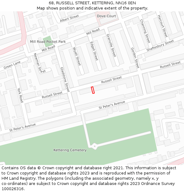 68, RUSSELL STREET, KETTERING, NN16 0EN: Location map and indicative extent of plot