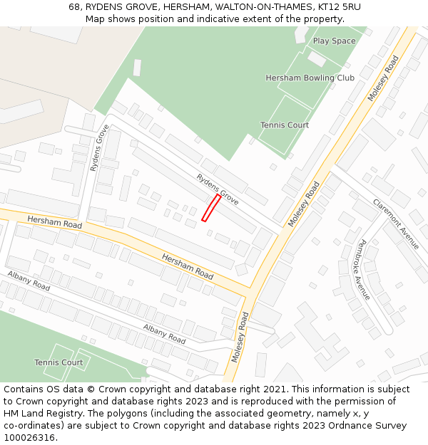 68, RYDENS GROVE, HERSHAM, WALTON-ON-THAMES, KT12 5RU: Location map and indicative extent of plot