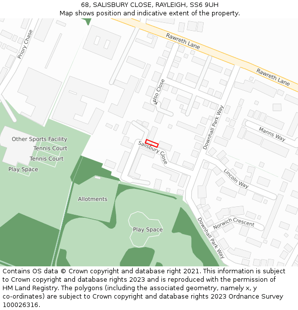 68, SALISBURY CLOSE, RAYLEIGH, SS6 9UH: Location map and indicative extent of plot