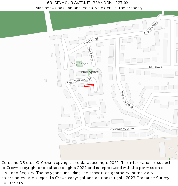 68, SEYMOUR AVENUE, BRANDON, IP27 0XH: Location map and indicative extent of plot