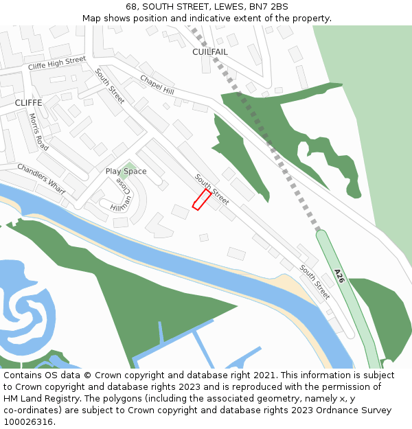 68, SOUTH STREET, LEWES, BN7 2BS: Location map and indicative extent of plot