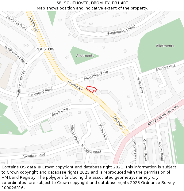 68, SOUTHOVER, BROMLEY, BR1 4RT: Location map and indicative extent of plot