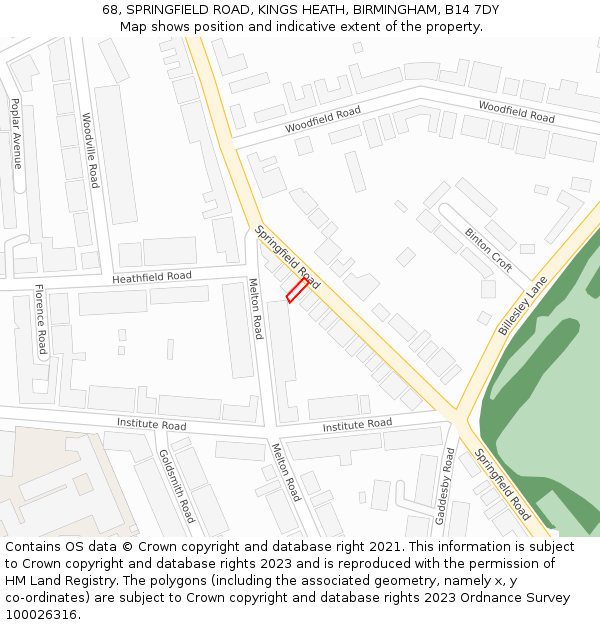 68, SPRINGFIELD ROAD, KINGS HEATH, BIRMINGHAM, B14 7DY: Location map and indicative extent of plot
