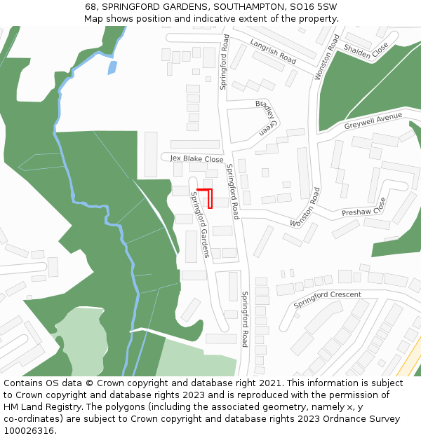 68, SPRINGFORD GARDENS, SOUTHAMPTON, SO16 5SW: Location map and indicative extent of plot