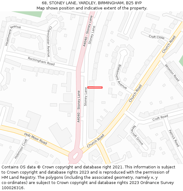 68, STONEY LANE, YARDLEY, BIRMINGHAM, B25 8YP: Location map and indicative extent of plot