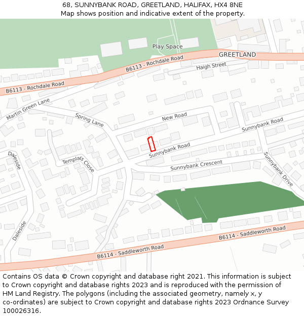 68, SUNNYBANK ROAD, GREETLAND, HALIFAX, HX4 8NE: Location map and indicative extent of plot