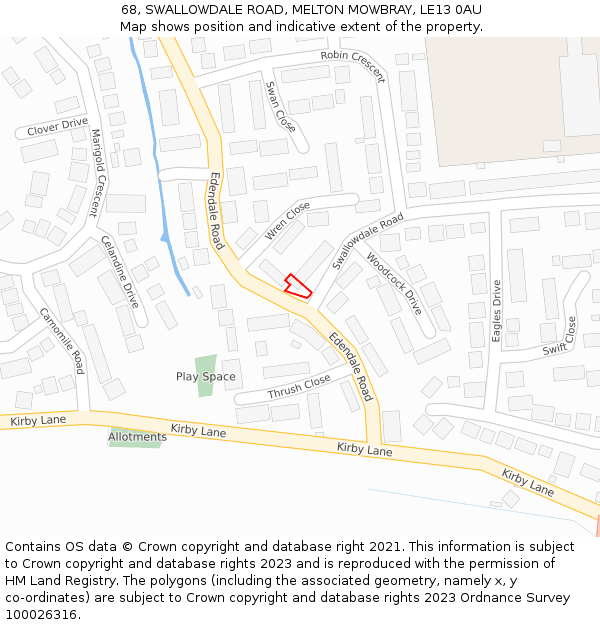 68, SWALLOWDALE ROAD, MELTON MOWBRAY, LE13 0AU: Location map and indicative extent of plot