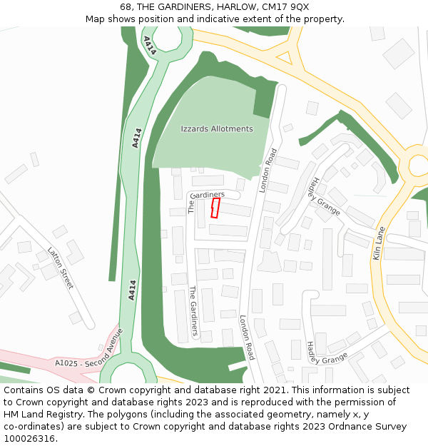 68, THE GARDINERS, HARLOW, CM17 9QX: Location map and indicative extent of plot