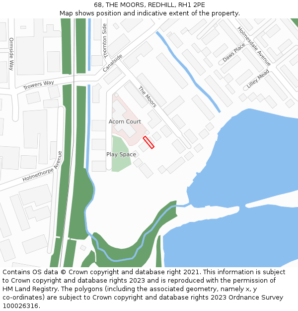 68, THE MOORS, REDHILL, RH1 2PE: Location map and indicative extent of plot