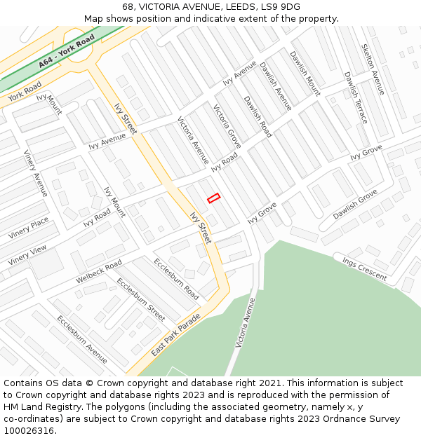 68, VICTORIA AVENUE, LEEDS, LS9 9DG: Location map and indicative extent of plot