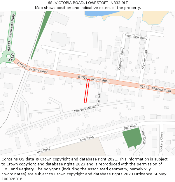 68, VICTORIA ROAD, LOWESTOFT, NR33 9LT: Location map and indicative extent of plot