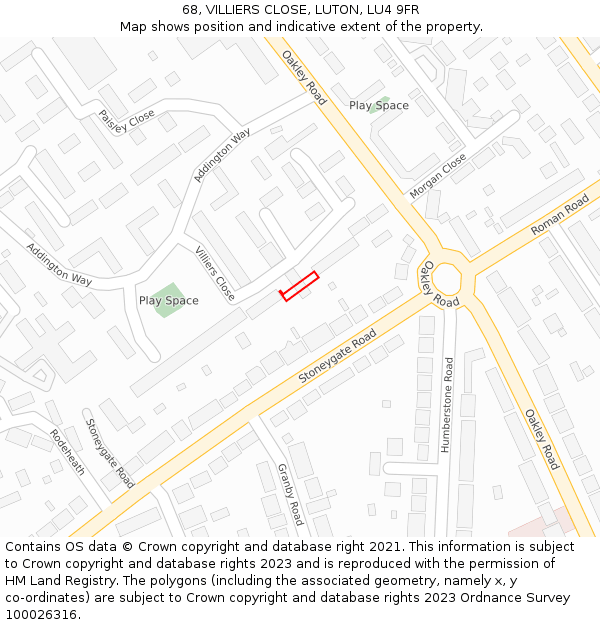 68, VILLIERS CLOSE, LUTON, LU4 9FR: Location map and indicative extent of plot