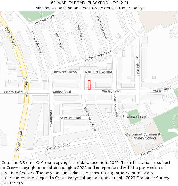 68, WARLEY ROAD, BLACKPOOL, FY1 2LN: Location map and indicative extent of plot