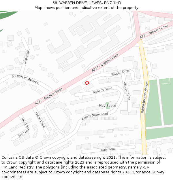 68, WARREN DRIVE, LEWES, BN7 1HD: Location map and indicative extent of plot