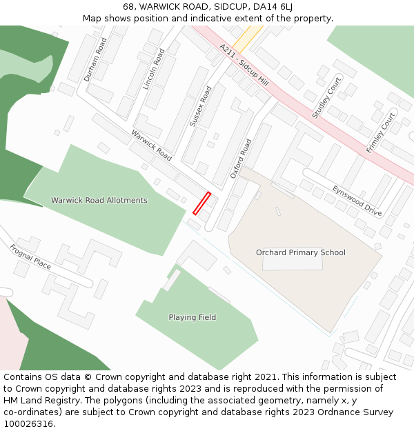 68, WARWICK ROAD, SIDCUP, DA14 6LJ: Location map and indicative extent of plot