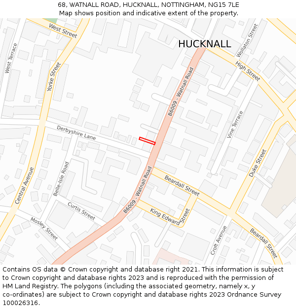 68, WATNALL ROAD, HUCKNALL, NOTTINGHAM, NG15 7LE: Location map and indicative extent of plot