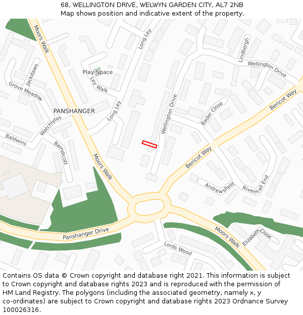 68, WELLINGTON DRIVE, WELWYN GARDEN CITY, AL7 2NB: Location map and indicative extent of plot
