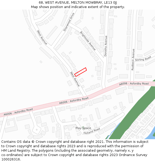 68, WEST AVENUE, MELTON MOWBRAY, LE13 0JJ: Location map and indicative extent of plot