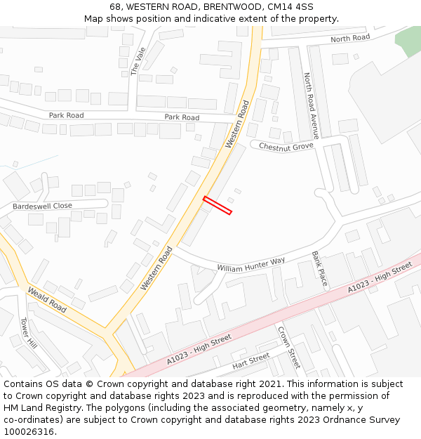 68, WESTERN ROAD, BRENTWOOD, CM14 4SS: Location map and indicative extent of plot