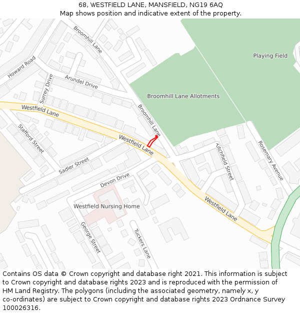 68, WESTFIELD LANE, MANSFIELD, NG19 6AQ: Location map and indicative extent of plot