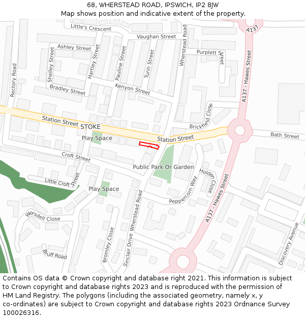 68, WHERSTEAD ROAD, IPSWICH, IP2 8JW: Location map and indicative extent of plot