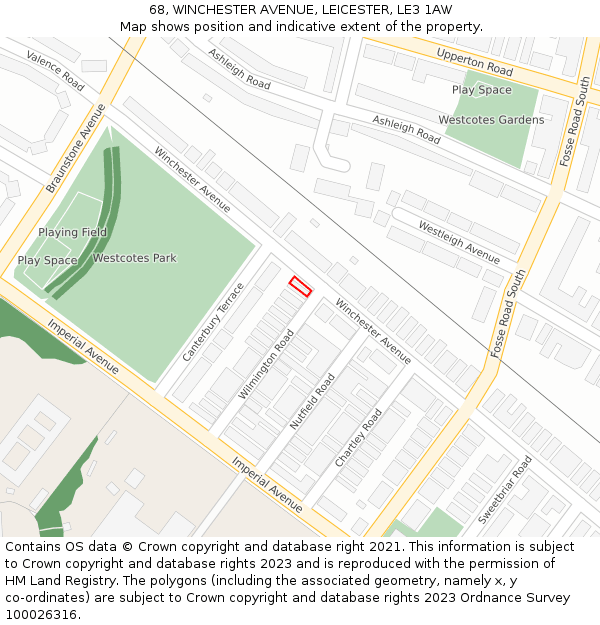 68, WINCHESTER AVENUE, LEICESTER, LE3 1AW: Location map and indicative extent of plot