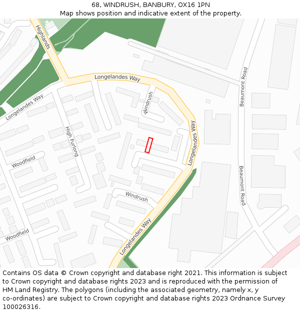 68, WINDRUSH, BANBURY, OX16 1PN: Location map and indicative extent of plot