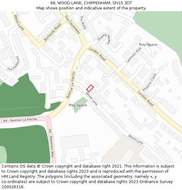 68, WOOD LANE, CHIPPENHAM, SN15 3DT: Location map and indicative extent of plot