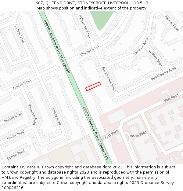687, QUEENS DRIVE, STONEYCROFT, LIVERPOOL, L13 5UB: Location map and indicative extent of plot