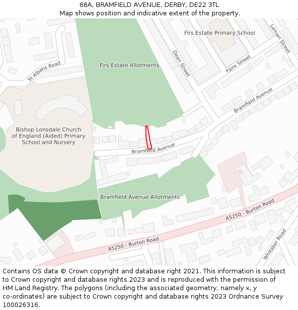 68A, BRAMFIELD AVENUE, DERBY, DE22 3TL: Location map and indicative extent of plot