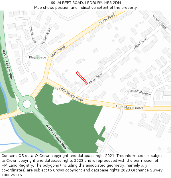 69, ALBERT ROAD, LEDBURY, HR8 2DN: Location map and indicative extent of plot