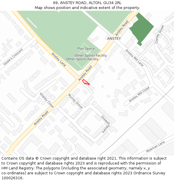 69, ANSTEY ROAD, ALTON, GU34 2RL: Location map and indicative extent of plot