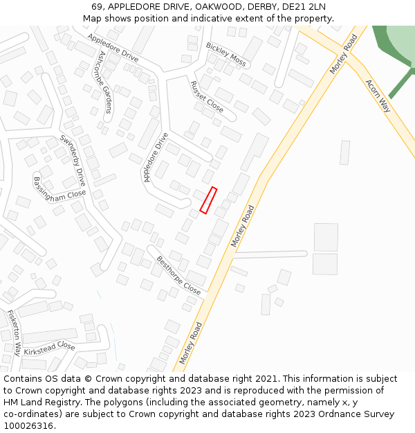 69, APPLEDORE DRIVE, OAKWOOD, DERBY, DE21 2LN: Location map and indicative extent of plot