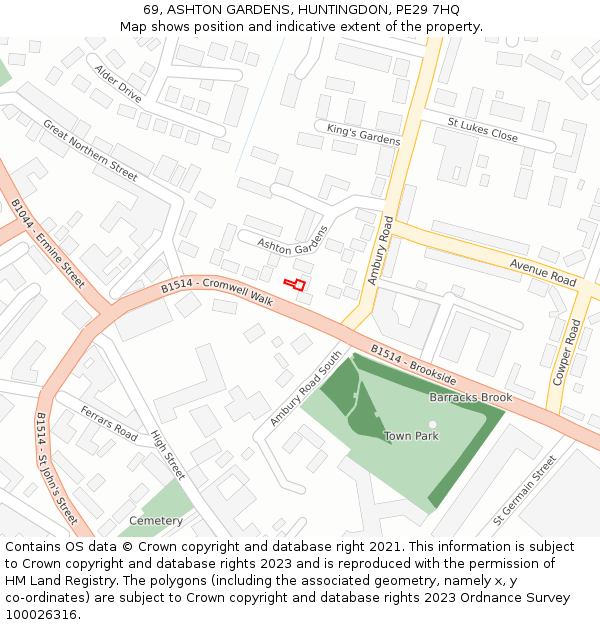 69, ASHTON GARDENS, HUNTINGDON, PE29 7HQ: Location map and indicative extent of plot