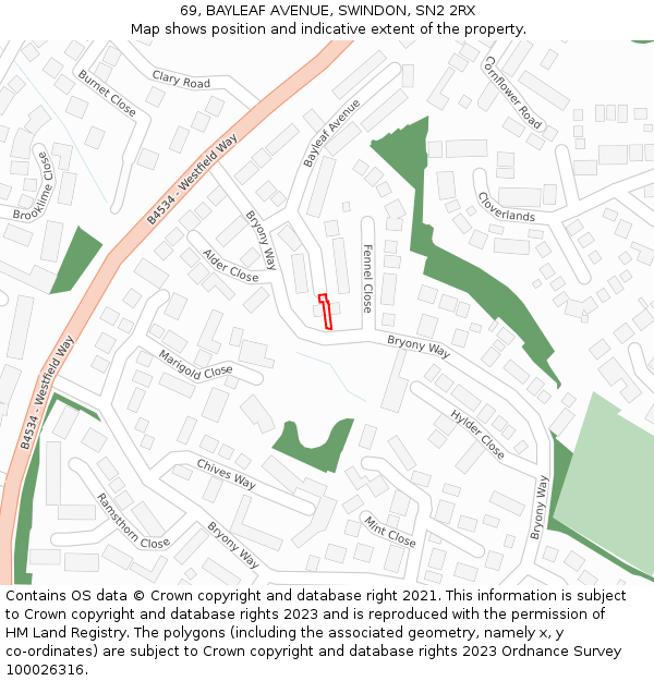 69, BAYLEAF AVENUE, SWINDON, SN2 2RX: Location map and indicative extent of plot