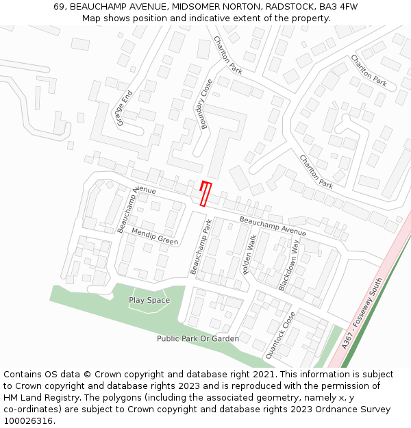 69, BEAUCHAMP AVENUE, MIDSOMER NORTON, RADSTOCK, BA3 4FW: Location map and indicative extent of plot