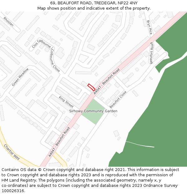 69, BEAUFORT ROAD, TREDEGAR, NP22 4NY: Location map and indicative extent of plot