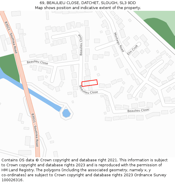 69, BEAULIEU CLOSE, DATCHET, SLOUGH, SL3 9DD: Location map and indicative extent of plot