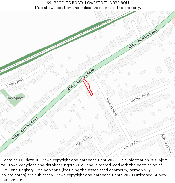 69, BECCLES ROAD, LOWESTOFT, NR33 8QU: Location map and indicative extent of plot
