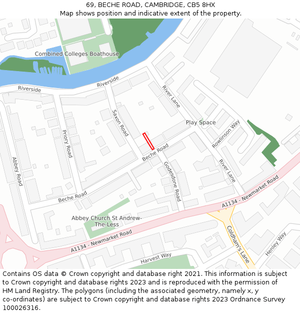 69, BECHE ROAD, CAMBRIDGE, CB5 8HX: Location map and indicative extent of plot