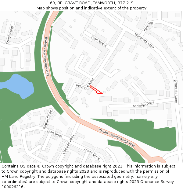 69, BELGRAVE ROAD, TAMWORTH, B77 2LS: Location map and indicative extent of plot